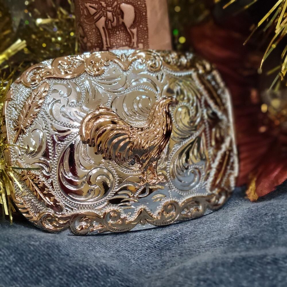 Rooster Cowboy Belt Buckle Western HebillaSilver & Rosetone 4x3.5 Inch